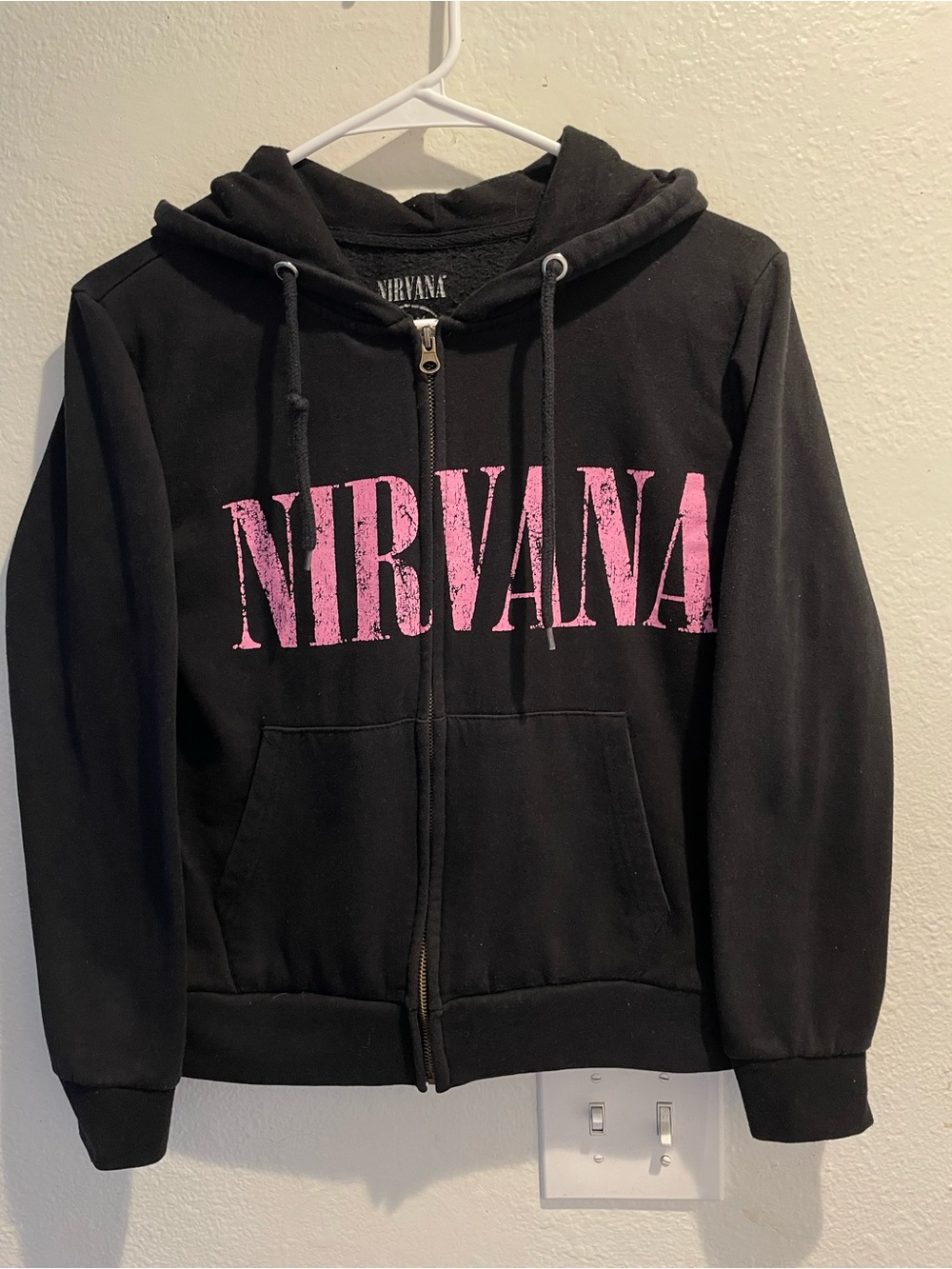🔥 OFFICIALLY LICENSED Nirvana Y2K Grunge Pink Distressed Logo Zip-Up Hoodie S